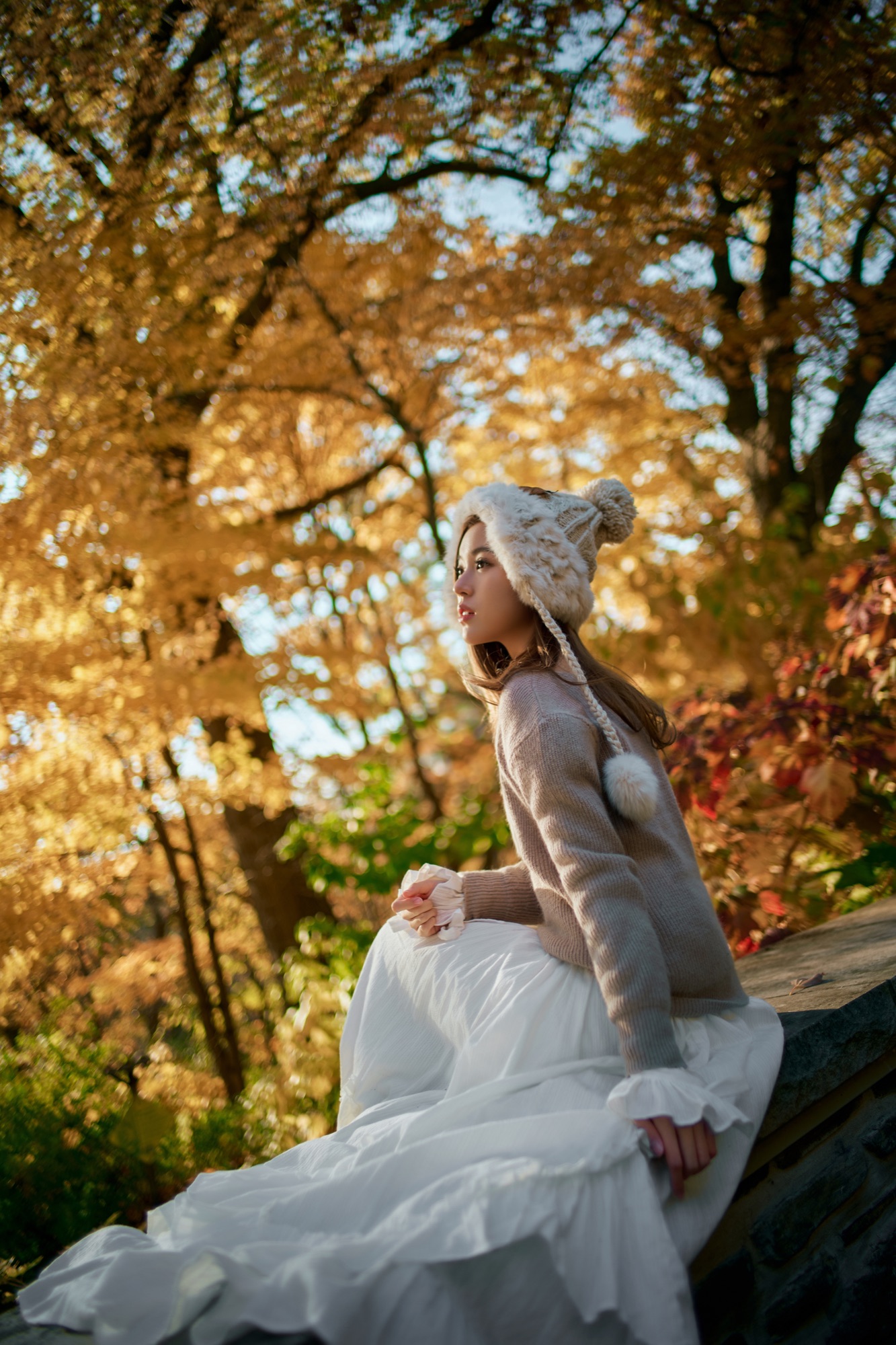 A seated portrait beneath autumn trees