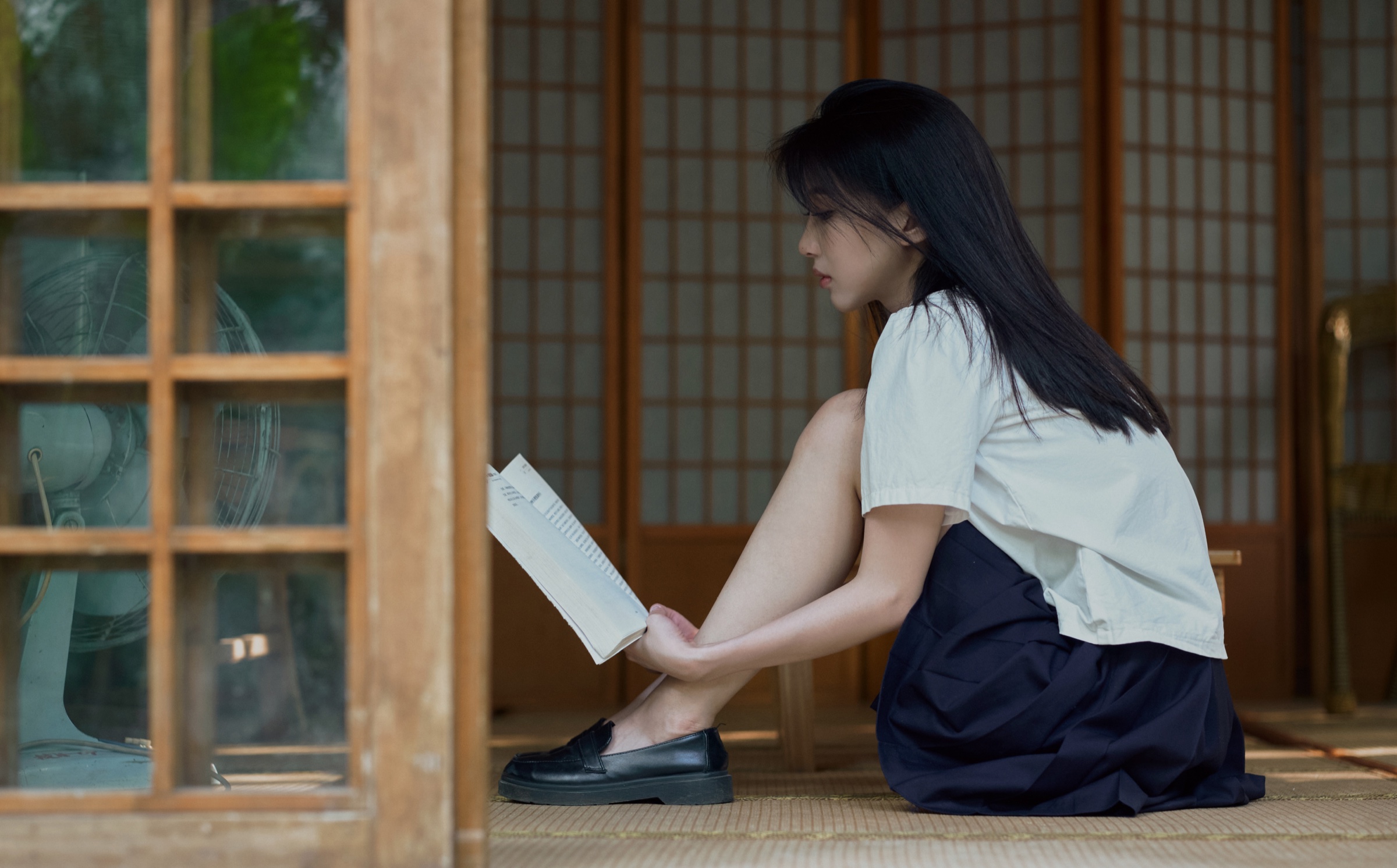 A portrait framed by wooden windows