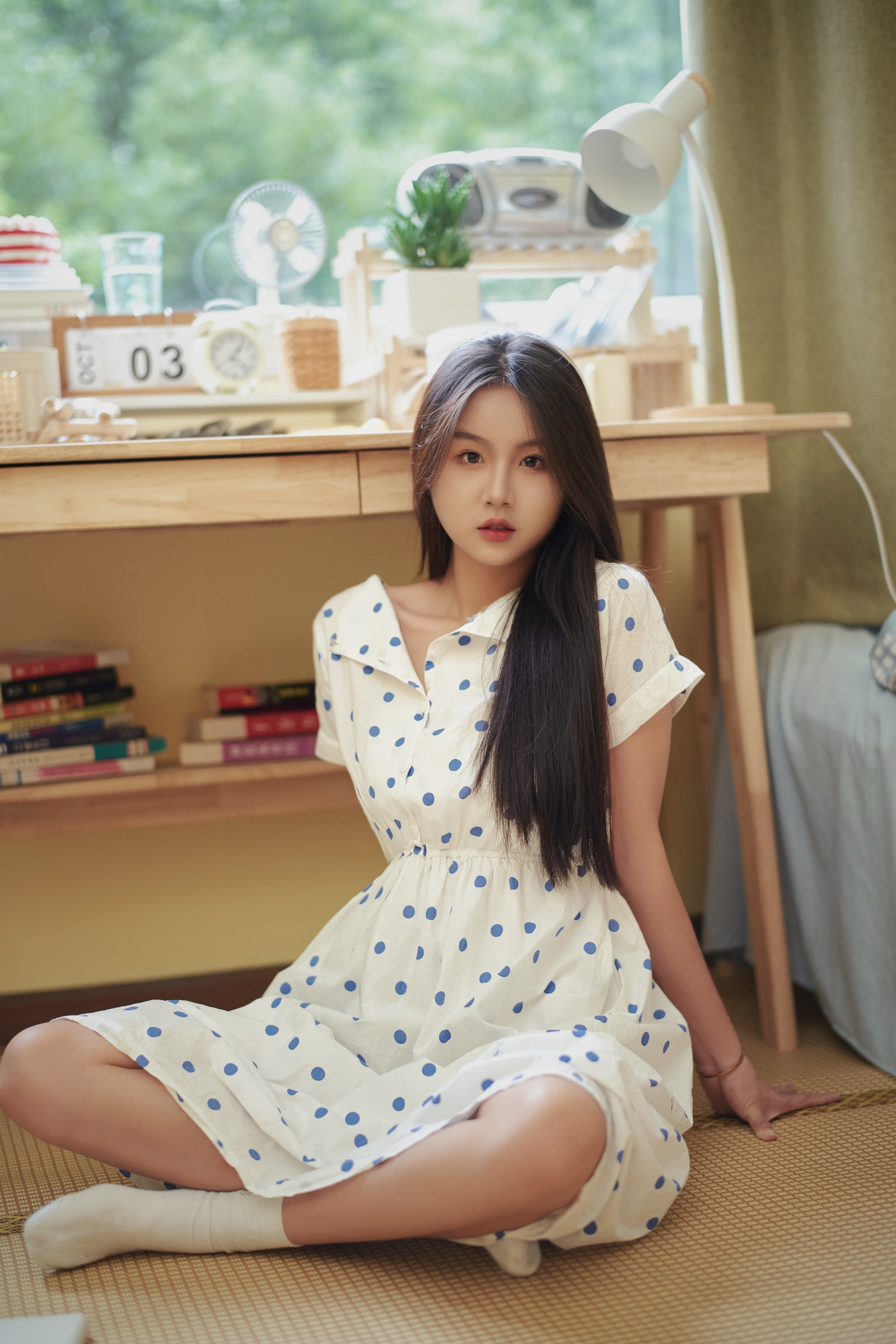 A portrait in a white dress with blue polka dots, seated beside a wooden desk and a sunlit window